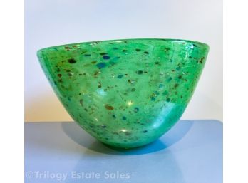Henry Dean Signed Art Glass Green Speckled Bowl