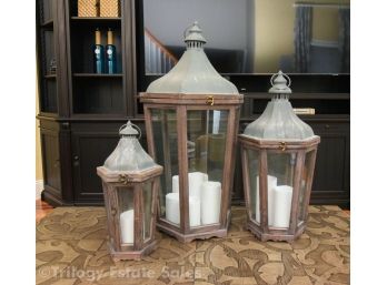 Set Of 3 Pottery Barn Park Hill Lanterns With Flameless Candles Wood And Metal