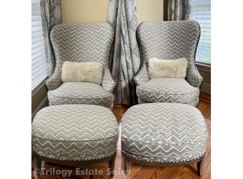 Pair Arhaus Portsmouth Highback Upholstered Exposed Frame Chairs With Footstools
