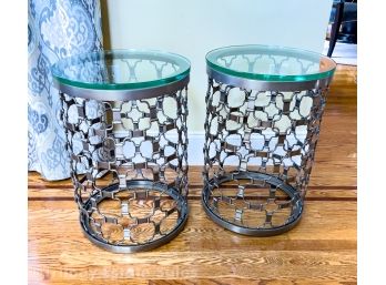 Two Gunmetal Cylinder-Shaped Lattice Side Tables With 3/8' Tempered Glass Tops