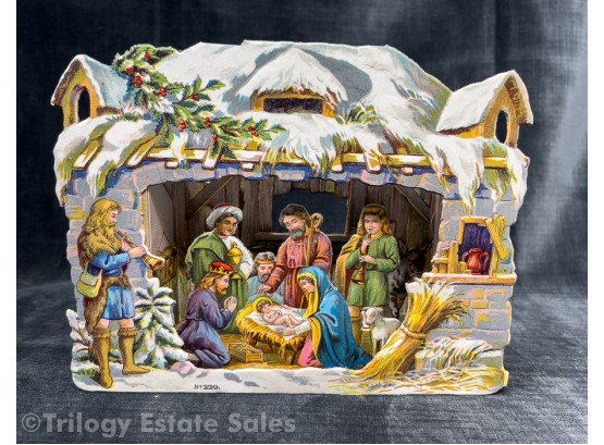 Antique German Die Cut And Embossed Folding Cardboard Nativity Scene