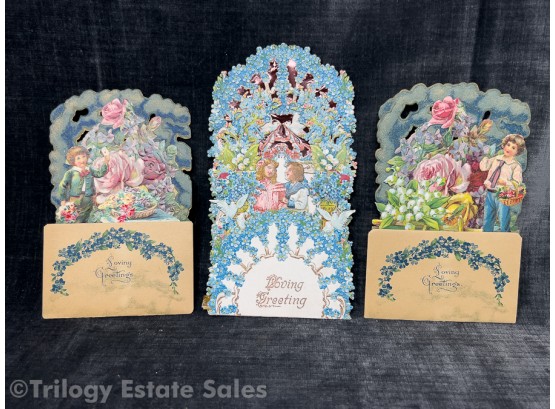 Three Victorian Die Cut & Embossed Loving Greetings Cards Printed In Germany #9