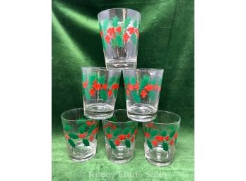6 Vintage Holly Old Fashioned Glasses
