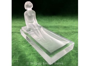 Figural Crystal Sculpture Woman Sitting On Side Of Shallow Pool