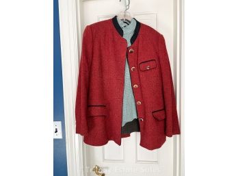 H. Moser Mode Aus Salzburg Red Wool Herringbone Tweed Jacket And Size 42 Green Check Blouse