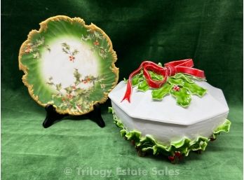 Italian Holly Covered Bowl & Limoges Holly Plate