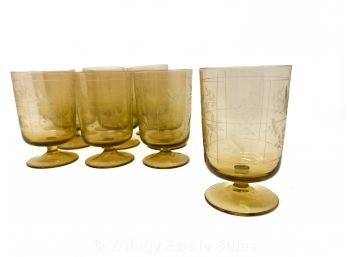 Set Of 10 Cut Glass Etched Birds Footed Goblets