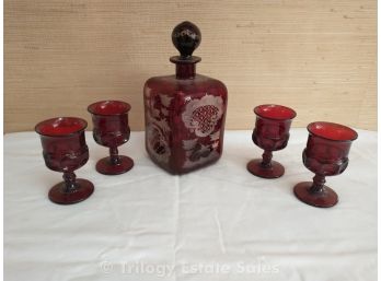 Antique Egermann Bohemian Ruby Red Glass Decanter & 4 Cordials