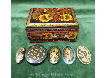 Russian Folk Painted Box With Four Lacquered Brooches, Embroidered Brooch And Small Lacqured Box