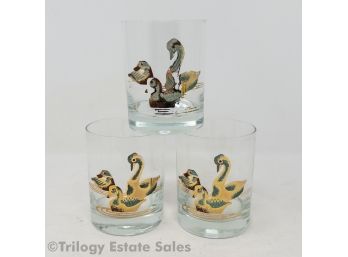 Three Couroc Gold Enameled Duck Glasses
