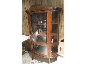 Antique Oak Bowed Glass Front Curio Cabinet