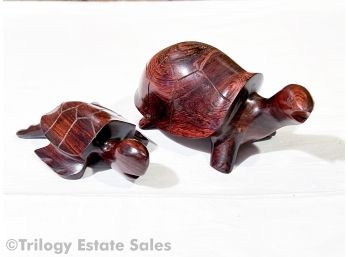 Two Carved Wood Turtles