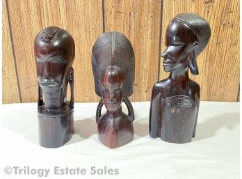 Three Carved Ebony Wood African Busts