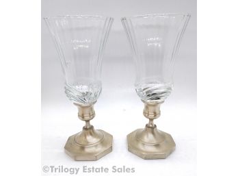 Two Ethan Allen Pewter & Glass Candle Holders