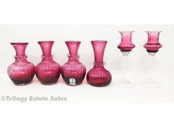 Pilgrim Cranberry Glass Vases & Candlesticks