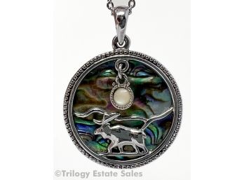 Moose Under A Full Moon Abalone Pendant On Silver-Tone Chain