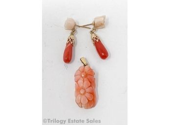 Carved Coral Earrings And Coral Pendant On 14kt Gold Hardware