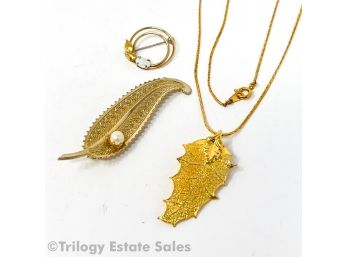 Gold-Tone Jewelry: Leaf Brooch With Pearl; Circular Brooch With Opal And Leaves; Leaf Pendant And Chain