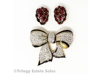 Carolee Rhinestone Bow Brooch With Two Matching Red Stone Brooches