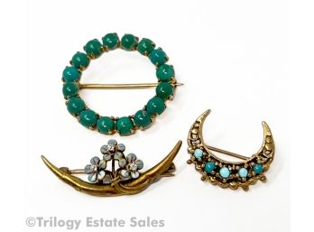 Three Small Antique Brooches One Is 14kt