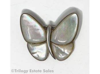 E. Pearl Mother Of Pearl And Sterling Silver Butterfly Brooch