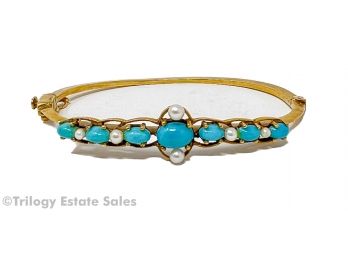 14kt Gold Vintage Ciner Bracelet With Seed Pearls And Turquoise-Blue Cabachons
