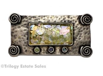 Artist Studio Made Sterling Brooch Inset With Piece Of Roman Glass And Three Semi-precious Stones