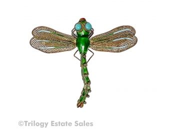 Vintage Sterling Enamel, Articulated ,jeweled Colorful Dragonfly Brooch