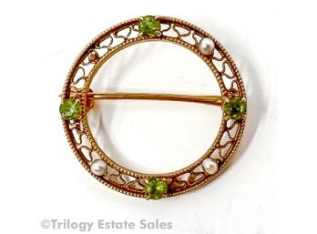 14kt Gold Circle Brooch With Seed Pearls And Peridot
