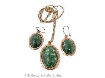 Green Stone On Copper-hued Hardware Earrings & Necklace Set