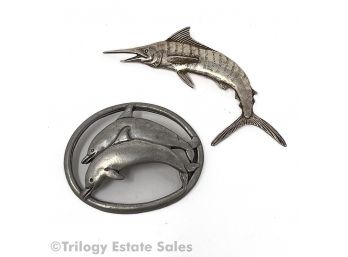 Sid Bell Sterling Silver Swordfish Pin And Seagull Pewter Dolphins Pin