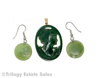 Carved Jade Profile Portrait Pendant Mounted In 14kt Gold And Jade Dangle Earrings