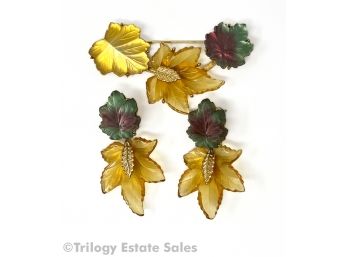MFA Frosted And Carved Glass Leaves Brooch And Earrings Set