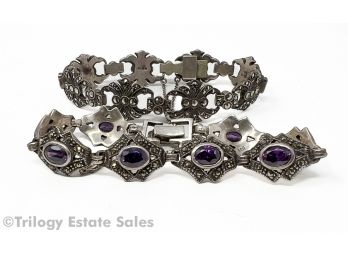 Two Sterling Silver And Marcasite Bracelets; One Has Purple Stones