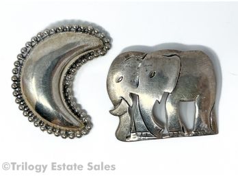 Two Sterling Silver Brooches: Elephant And Moon