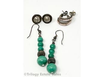 Three Pairs Of Earrings: Sterling Silver Studs And Hoops; Green Stone Bead Dangle Earrings