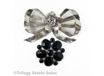Sterling Silver Bow Brooch And Black Stone Brooch