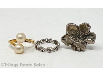 Three Size 6.5 Rings: 2 Sterling, 1 Gold-Tone