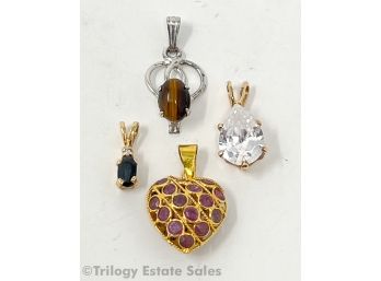 Four Pendants: 18kt Gold Heart With Red And Blue Stones; 14kt Gold With Sapphire  2 Costume
