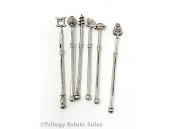 Set Of 6 Sterling Silver Mid Century Japanese Themed Cocktail Stirrers 1.105ozt