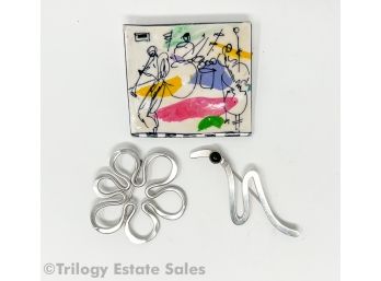 Three Modernist Brooches: Sucherman And Unmarked Sterling Silver Plus Ceramic