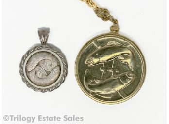Two Pisces Pendants: Sterling And Gold-Tone