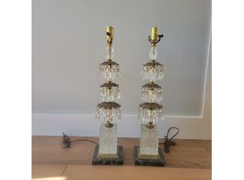 Pair Set Of MCM Glass & Brass Three Tier Lamps