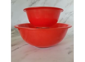 Two Pyrex Red Clear Bottom Bowls