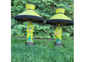 Amazing Pair Of Tall MCM Asian Lamps With Fringe Shades