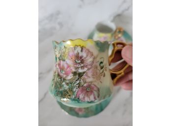 Pair Of Lefton Tea Cups, Pink Poppies, Gold Gilt