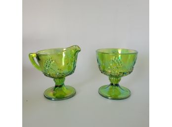 Green Carnival Glass Creamer And Sugar Set