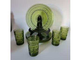 Colony Park Lane Green Glass Luncheon Plates & Juice Glasses