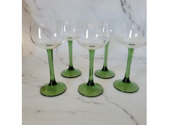 Five Green Stem Wine Glasses, 6 3/4'