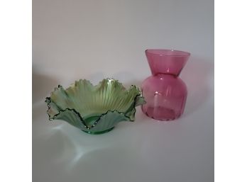 Glass Ruffle Bowl And Small Vase